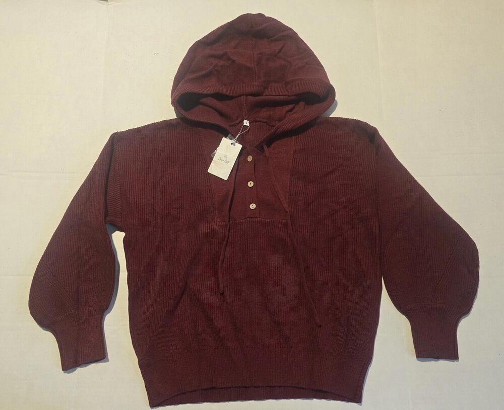 DEEP SELF Womens Sweater Hodie Casual Loose Knit Oversize Top Pullover Small Red
